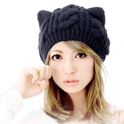 umbresen Cute Woollike Knitted CAT Kitty Ears Women Lady Girl Headgear Crochet Christmas Hats - Black