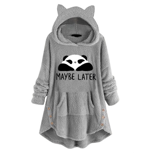 Pullover Pullover Women'S Pockets Hoodie Hoodies Top With Button Sleeve Fleece Printed Cat Cute Long Ear - Grey Small