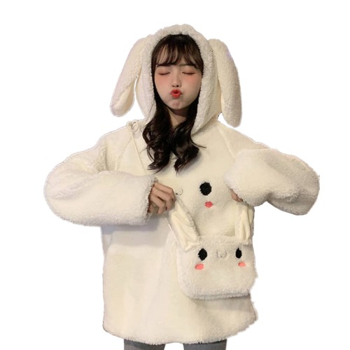 Cute Bunny Hoodie with Ears Rabbit Hooded Sweatshirts Fuzzy Fleece Pullovers Teen Girls Kawaii Animal Cosplay Hoody Tops - White Small