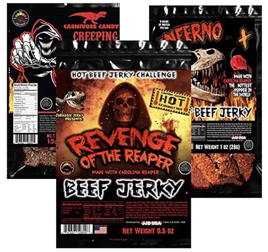Jurrasic jerky Revenge of Reaper (Variety Pack) HOTTEST Beef Jerky Hot Food Challenge! Made with the Carolina Reaper- the HOTTEST pepper on the planet! ( Revenge of Reaper 1/2Oz + Creeping Reaper 3 Oz + Inferno X 3 Oz) - Variety Pack