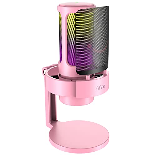 FIFINE USB Streaming Gaming Microphone, PC Condenser Desktop Mic for Video, Home use, YouTube, with RGB Control, Gain Knob, 3.5mm Headphone Jack, Shock Mount, on Computer/PS4/PS5-AmpliGame A8 Pink - Pink
