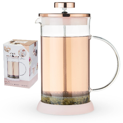 Pinky Up Riley Mini Glass Press Pot Tea and Coffee Maker, Loose Leaf Tea Accessories, Hot or Iced Tea Beverage Brewer, 12 oz Capacity - 12 oz Rose Gold