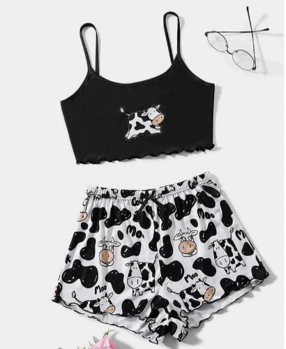 Plus Cow Print Lettuce Trim Cami PJ Set | SHEIN USA