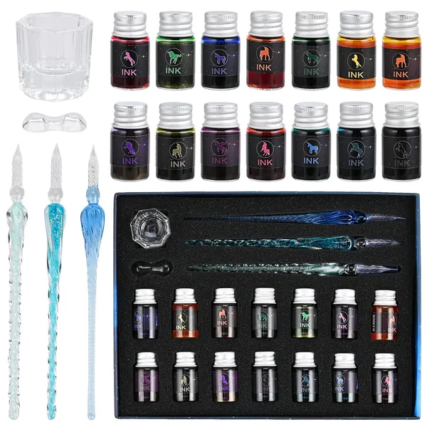 GOLDGE 19 Pieces Glass Dip Pen Ink Set, 3 Crystal Pen with 14 Colorful Inks and Holder, Glass Dip Pens for Art, Writing, Signatures, Calligraphy, Gift Cards, Poster Cards, Decoration