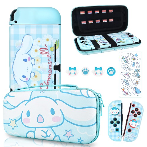 DLseego Cartoon Dog Switch Case Set Blue Carrying Case with 12 Slots Cute TPU Protective Case Soft Cover with 4PCS Lovely Puppy & Claw Thumb Grips Caps and 1PCS Kawaii Sticker for Switch 2017 - Blue