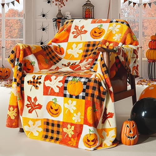 ROMROL Halloween Fleece Throw Blanket, Pumpkin, Leaves Fall Plaid Blanket, Soft Fuzzy Plush for Couch Sofa or Bed, Luxury Flannel Lap Blanket, for Kids, Adults, Wife, Self (50" x 60") - Pumpkin - 50" x 60"