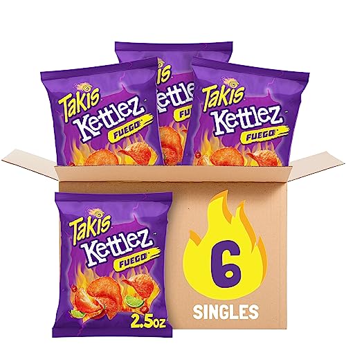 Takis Kettlez Fuego Spicy Potato Chips, Hot Chili Pepper Lime Flavored Hot Chips, Multipack 6 Individual Bags, 2.5 Ounces Each - Kettles Fuego