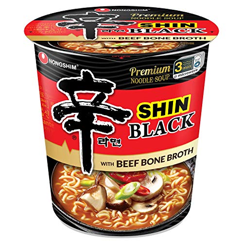 Nongshim Premium Shin Black Instant Ramen Noodle Cup, 6 Pack, Bold & Spicy, Beef Bone Broth, Microwaveable Ramen Soup Mix - Shin Black Beef - 3.5 Ounce (Pack of 6)