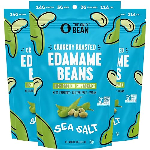 The Only Bean - Crunchy Roasted Edamame Beans (Sea Salt) - Keto Snacks (2g Net) - High Protein Healthy Snacks (14g Protein) - Low Carb & Calorie, Gluten-Free Snack, Vegan Food - 4 oz (3 Pack) - #1 Sea Salt