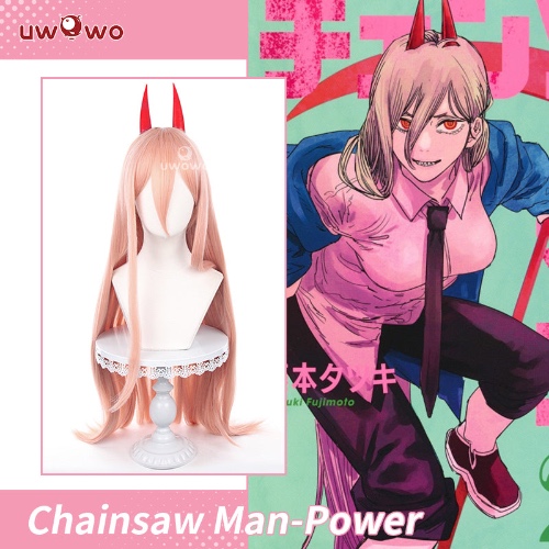 【Pre-sale】Uwowo Anime Chainsaw Man Wig Power Cosplay Wig Light Orange Long Hair Power Wig With Horns - Wig+Horns