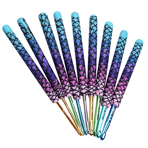 Coopay Warm Crochet Hooks, 9 Sizes 2.25 to 6.5mm Ergonomic Mermaid Extra Long Crochet Needles for Arthritic Crocheting Yarn Craft Set, Ideal Gift - Purple Mermaid