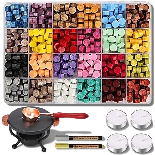 YIPLED Sealing Wax Kit, 728 Pcs Wax Seal Stamp Kit with 24 Color Wax Seal Beads, 2 Pens, Wax Seal Warmer, Wax Stamp Spoon and Candles for Gift & Envelope Sealing, Wedding Invitation - 728P