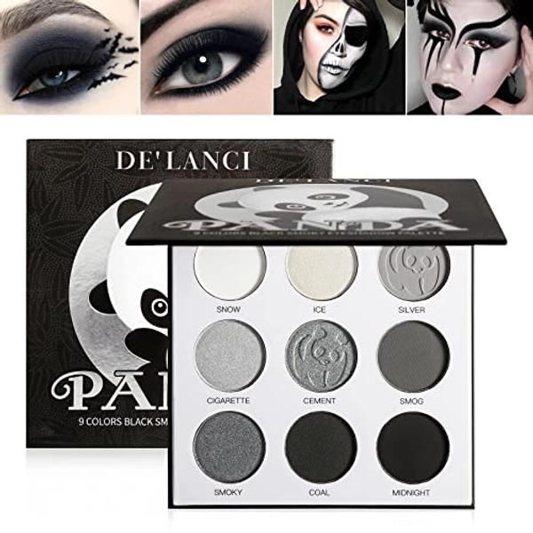 ecofavor Black Smoky Eye Shadow Palette - DE'LANCI PANDA 9 True Black and Dark Grey Shades for Gothic Makeup - Halloween Essential with Soft Matte, Shimmer Finish and High Pigmentation