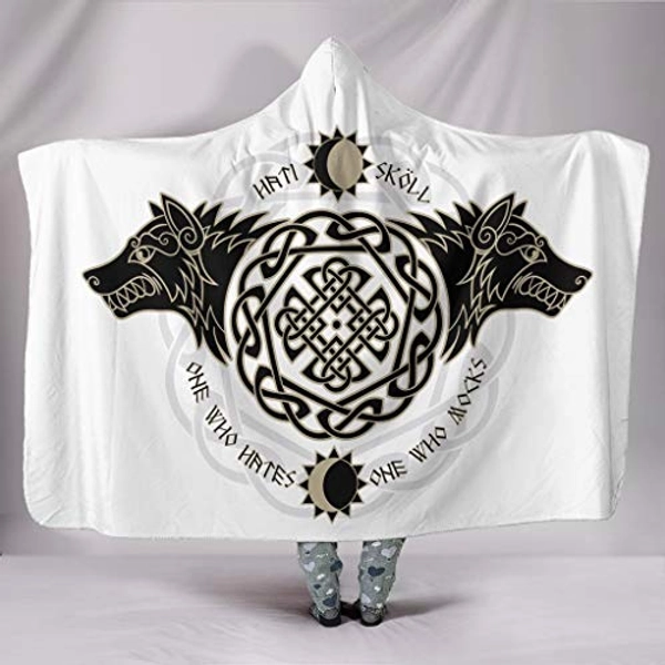 Feinny Fenrir Wolf Hooded Blanket, 3D Print Unisex Wearable Comfy Super Soft Plush Viking Flannel Throw Travel Camping Warm Winter Cape Wrap Blanket Bath Sheet,White,Adult 79"X59"