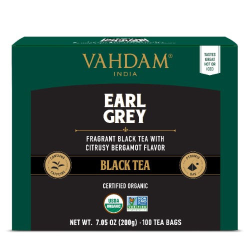 VAHDAM, Organic Earl Grey Black Tea Bags (100 Count) High Caffeine, Non GMO, Gluten Free | Citrusy Earl Grey Tea Leaves wure Bergamot Oil | Whole Loose-Leaf Tea Bags | Resealable Ziplock Pouch