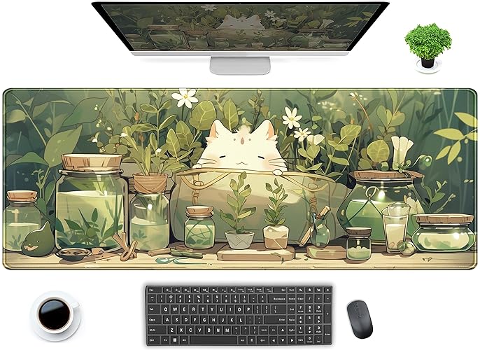 Cute Kawaii White Cat Anime Green Plant Leaves Desk Mat Large Mouse Pad Gaming Desk Pad, XL Extended Mousepad Desk Accessories for Women Office Decor Long Laptop Keyboard Mouse Mat 31.5x11.8 in - Beige Green Cat - 31.5" x 11.8"