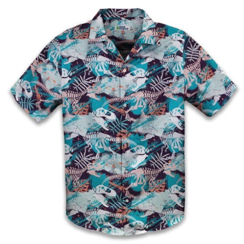 T-Rex Bones Footprints Green Dinosaur Button Up Shirt | 2XL / Hawaiian Shirt - No Pocket