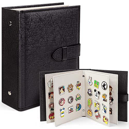 Enamel Pin Display Book, Portable Pin Trading Book, to Display and Trade Your Disney Pins, 42 Pin- Capacity, Leather Pin Holder, Fits Rubber Pin Back, Black - Black