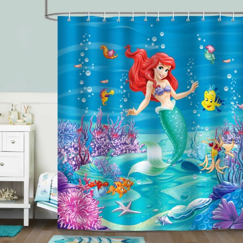 Bonhause The Little Mermaid Shower Curtain for Girls Blue Ocean Under the Sea Fish 180 x 180 cm Kids Bathroom Curtain Mildew & Mould Resistant Polyester Fabric Waterproof Bath Curtain with 12 Hooks