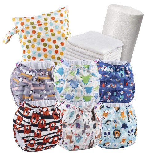 Set of 6 Reusable Nappies - Washable Cloth Nappies + 6 Washable Bamboo Nappy Inserts + 1 Roll of 100 Bamboo Flushable Nappy Liners + Free Wet Bag - Non-Disposable Nappies - 100% Eco Friendly Nappies