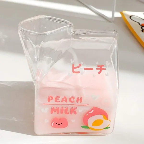 WANZSC Kawaii-Milchkarton-Glasbecher, quadratisch, 380 ml, süße Erdbeere, kreative Frühstückstasse für Zuhause, tragbare Studenten, transparente Milchbecher (B)