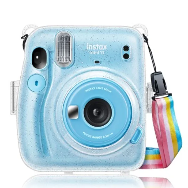 CaseBot Tasche für Fujifilm Instax Mini 11 Sofortbildkamera - Transparent Hart PVC Schutzhülle Reise Kameratasche Hülle Abdeckung mit abnehmbaren Riemen, (Schimmernd Transparent)