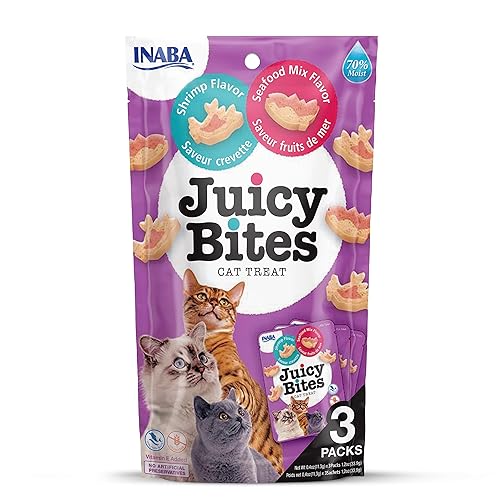 INABA Juicy Bites Katzen-Leckerlies - Knabbertaschen mit Saftigem Kern in Lustigen Formen - Mundgerechte Katzensnacks in 2 Geschmacksrichtungen - Garnelen und Meeresfrüchte 3 Beutel x11g - Garnelen & Meeresfrüchte - 33.9 g (1er Pack)