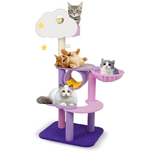 Cute Cat Tree, Multi-Level Purple Cat Trees, Moon Cat Tree for Indoor Cats. Cozy Kitten Furniture Condo, with Cat Scratching Post and Funny Toys, Cat Lover Gift