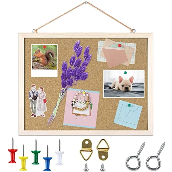 Cork Board Bulletin Board - 15.7 X 12 Inches Vision Board Wood Frame Corkboard Message Board Wall Mounted Pin Board for School, Home & Office (with Pins, Eye Bolts, Gaskets, Screws)