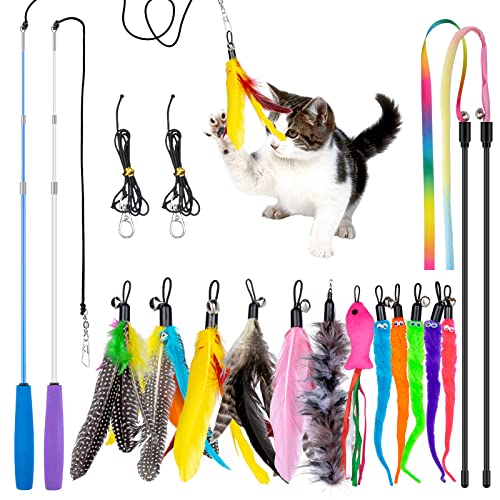 Oziral Cat Feather Toys 18 Pack Interactive Cat Toys Include 2PCS Retractable Cat Wand Toys Cat Rainbow Wand and 10PCS Assorted Cat Teaser Refills with Bell for Indoor Cats Kitten
