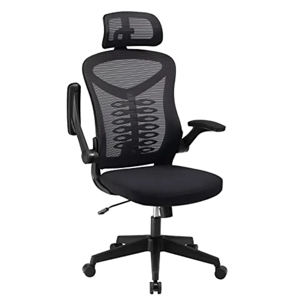 Office Chair, Magic Life Adjustable Desk Chair Flip-up Armrest, Rebound Seat Cushion, Breathable Mesh High Back, Comfortable Lumbar Support, Movable Headrest 360° Rotation, Black - Black