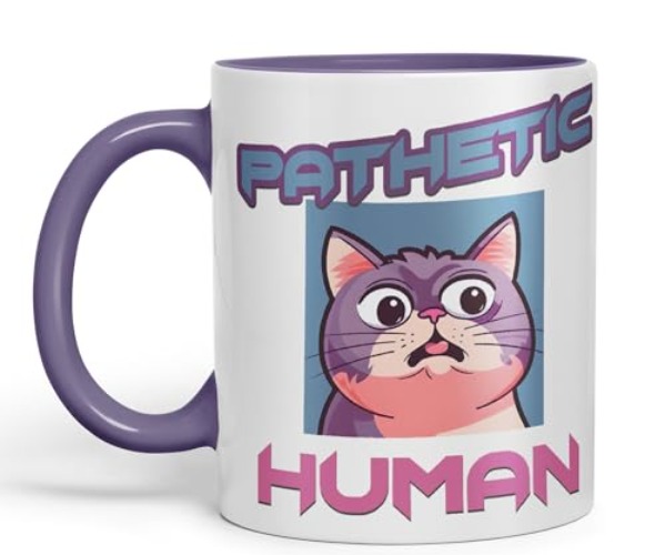 Vixar Pathetic Human Cats Cat Sarcastic Joke Ceramic Coloured Mug Cup for Tea Coffee Hot Brew 330ml 11Oz (Purple) - Purple