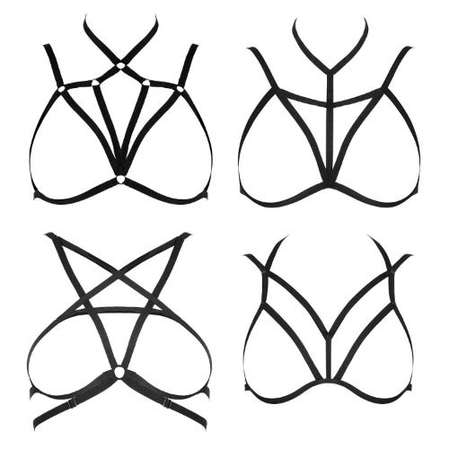 Comius Sharp Frauen Harness BH elastischen Käfig, 4 Stücke Damen Harness Straps Aushöhlen Körper Cross Cage BH Cupless Dessous Bra Schwarz