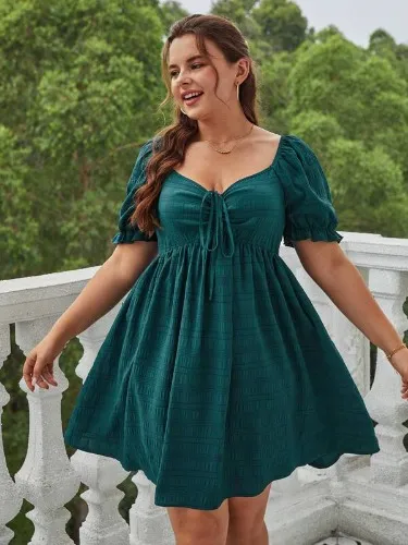 Frenchy Plus Sweetheart Neck Drawstring Front Puff Sleeve Dress