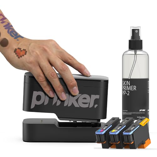 Prinker S Temporary Tattoo Device Package for Your Instant Custom Temporary Tattoos with Premium Cosmetic Full Color + Black Ink - Compatible w/iOS & Android devices - Prinker S with Color+Black Ink