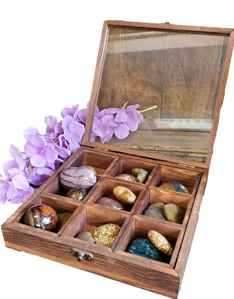Bohemian Glass Top Box Natural Stained Pine Wood Glass Lockable Pretty Box 6 or 9 Removable Box Crystal Organizer Compartments