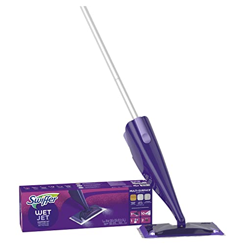 Swiffer WetJet Hardwood and Floor Spray Mop Cleaner Starter Kit, Includes: 1 Power Mop, 10 Pads, Cleaning Solution, Batteries, 16 Piece Set, Purple - 16 Piece Set - Cleaner Kit