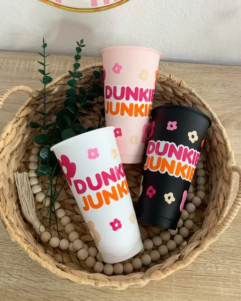 Dunkin donut cup / runs on dunkin’ cup / dunkin’ donut tumbler/ retro flower cup