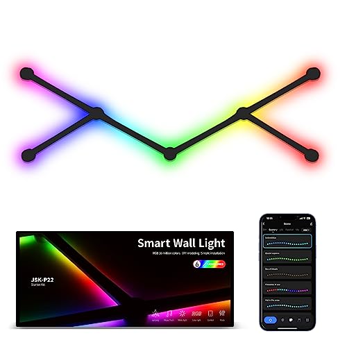 KOBAIBAN Smart Wall Light Lines, WiFi RGB LED Light Bars, 16M+ Color Dimmable Music Sync DIY Home Decor Light Bars for Gaming Party Streaming Lovers, Work with Alexa & Google Assistant (6 Lines,Black) - Black - 6 Light Lines Smarter Kit