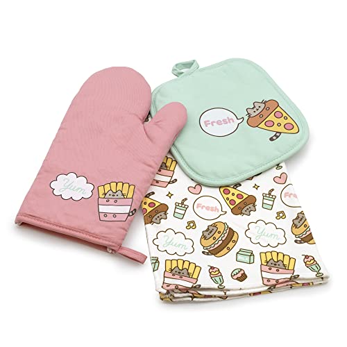 Culturefly Pusheen The Cat - 3 Piece Kitchen Set collection - Pot Holder, Oven Mitt, and Towel