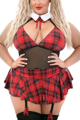EVELUST Womens Plus Size Schoolgirl Lingerie - Sexy Roleplay Uniform Plaid Sheer Halter Teddy Tie Mini Skirt Costume Set - XX-Large Red