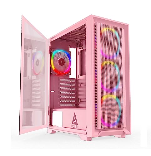Apevia Inspire-PK Inspire Mid Tower ATX Gaming PC Case w/ 4X 120mm ARGB Fans, 366 RGB Light Modes, 1x Metal Mesh Airflow Front Panel, 1x Door Swivel Style Magnetic Glass Side Panel, 2X USB3.0, Pink