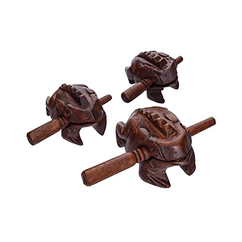 Percussion Instruments Wooden Frog 3 Piece Set of 4 Inch Dark Brown Frog, 3 Inch Dark Brown Frog, 2.75 Inch Dark Brown Frog, Wooden Frog Musical Instrument.