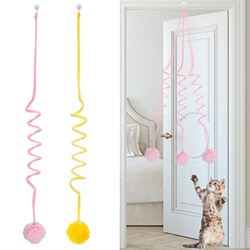 Fanshiontide 2 Packs Door Hanging Cat Toy,Hanging Door Cat Plush Toy Teaser Toys Retractable Cat Toy Interactive Cay Toy with Bells for Indoor Cat Kitten Hunting Exercising(Pink+Yellow) - Pink+Yellow