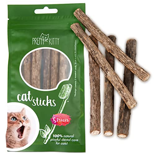 Cat Dental Chew Sticks: 5x Premium Matatabi Sticks as Cat Toothbrush Toy - Natural Silvervine Sticks for Cats, Cat Dental Chews for Cat Teeth Cleaning - Cat Toys for Indoor Cats - PrettyKitty Cat Toy