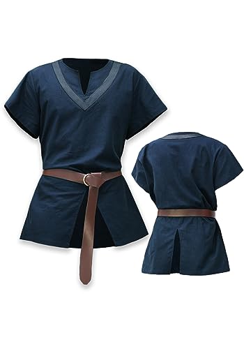 KUOIN Medieval Tunic with Belt Men's US Size Linen Undershirt Ren Fair Pirate Costume Knight Shirt - Blue - X-Large