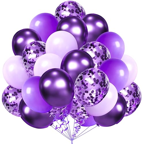 AULE Metallic Purple and Premium Latex Lavender Lilac Balloons 60 Pack 12inches and Purple Confetti Balloons with Purple Ribbons Set for Birthday Bridal Shower Wedding Party Decorations - Purple
