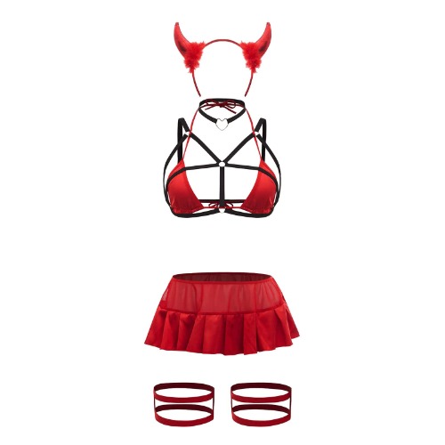 8 Piece Pleated Lingerie Set Festive Dress Up Lingerie Halloween and Christmas for Women - Red Small