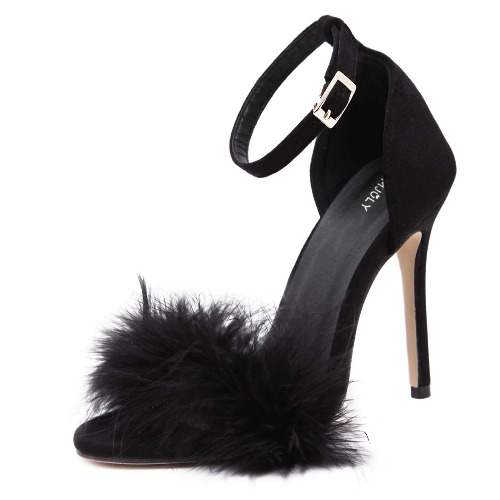 MMJULY Women's Open Toe Ankle Strap Fluffy Feather Stiletto High Heel Dress Sandal - 10 Black