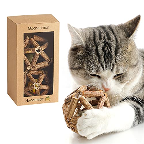 Gochanmon Catnip Toys-2Pcs Natural Silvervine Stick Catnip Ball&Bell Ball-Cat Toys for Indoor Cats- Cleaning Teeth Molar Tools Matatabi Cat Chew Toy-Kitten Toys - Catnip Ball
